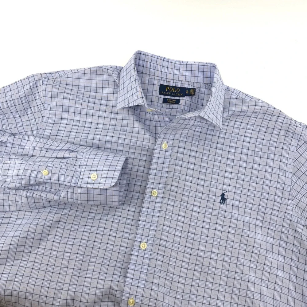 Polo Ralph Lauren Mens XL Blue Check Easy Care Stretch Button Down Dress Shirt